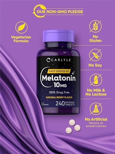 Carlyle Melatonin 10mg Fast-Dissolve Tabletten – 240 Stück – Beerengeschmack – 100% Arzneimittelfrei – Vegetarisches, Nicht-GVO, Glutenfreies Nahrungsergänzungsmittel