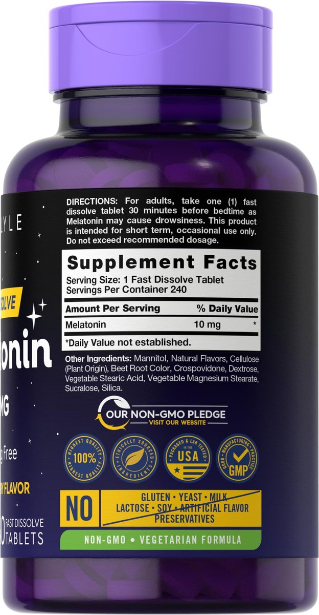 Carlyle Melatonin 10mg Fast-Dissolve Tabletten – 240 Stück – Beerengeschmack – 100% Arzneimittelfrei – Vegetarisches, Nicht-GVO, Glutenfreies Nahrungsergänzungsmittel
