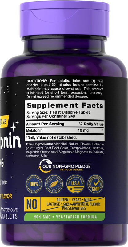 Carlyle Melatonin 10mg Fast-Dissolve Tabletten – 240 Stück – Beerengeschmack – 100% Arzneimittelfrei – Vegetarisches, Nicht-GVO, Glutenfreies Nahrungsergänzungsmittel