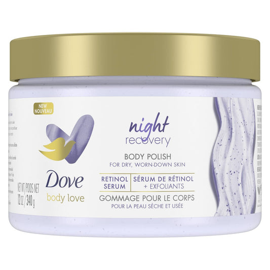 Dove Body Love Body Scrub für trockene, strapazierte Haut – Night Recovery mit Retinol-Serum und Peelingkörpern 340 g