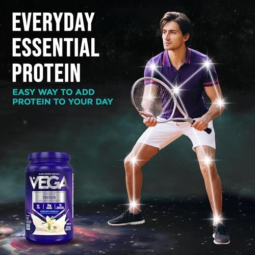 Vega Essential Protein – 25g pflanzliches Proteinpulver, cremige Vanille, vegan für einen milchfreien Vanille-Shake – Große Dose, 920 g (20 Portionen)
