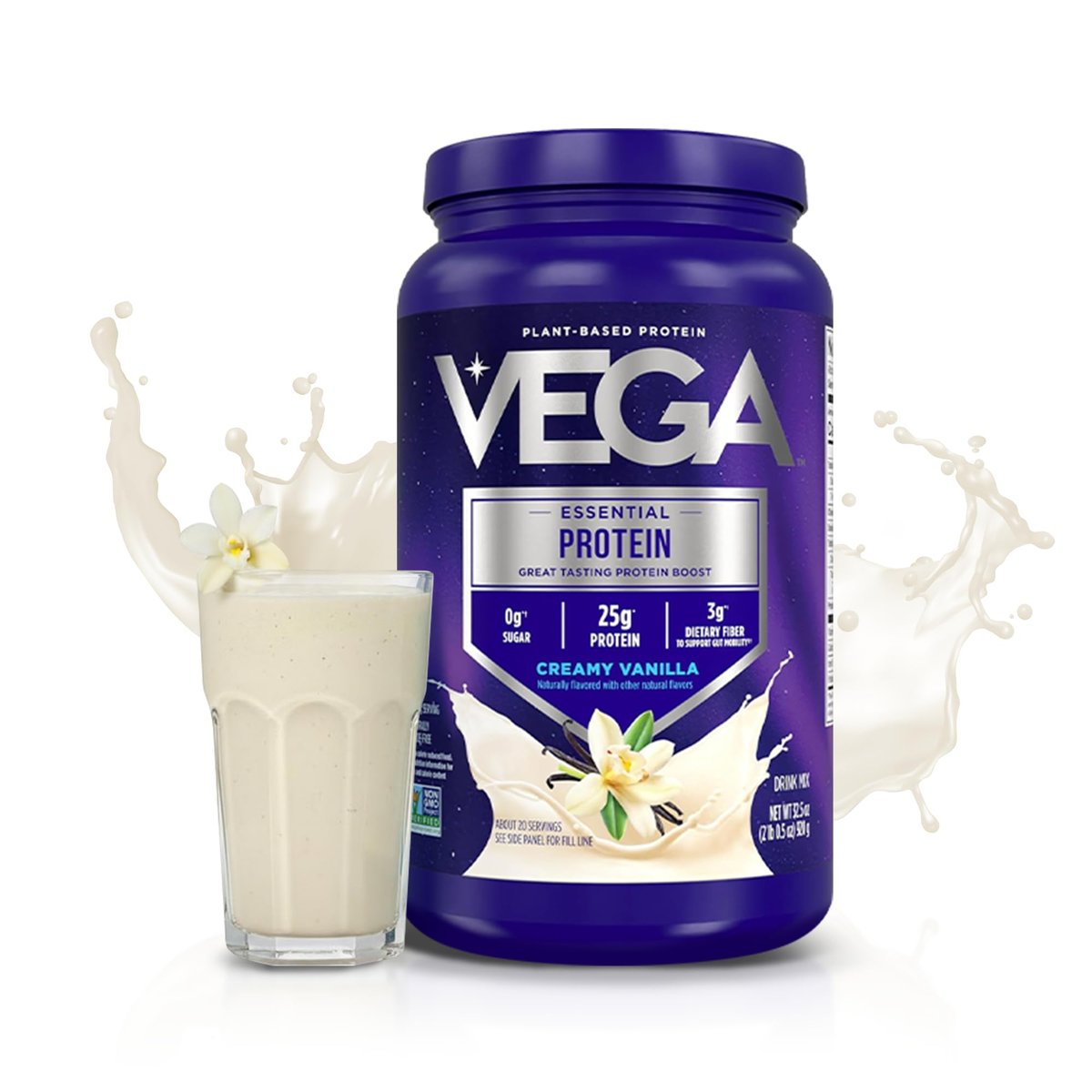 Vega Essential Protein – 25g pflanzliches Proteinpulver, cremige Vanille, vegan für einen milchfreien Vanille-Shake – Große Dose, 920 g (20 Portionen)