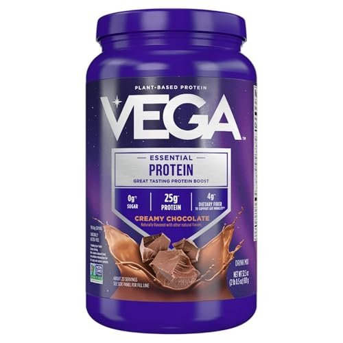 Vega Essential Protein – 25g veganes Proteinpulver, Reichhaltige Schokolade für einen proteinreichen, zuckerfreien Shake – Große Dose, 32,5 Unzen (20 Portionen)