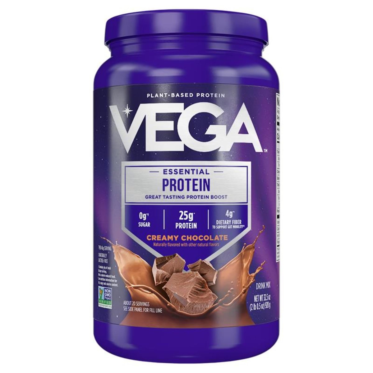 Vega Essential Protein – 25g veganes Proteinpulver, Reichhaltige Schokolade für einen proteinreichen, zuckerfreien Shake – Große Dose, 32,5 Unzen (20 Portionen)