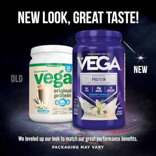 Vega Essential Protein – 25g veganes Proteinpulver, Reichhaltige Schokolade für einen proteinreichen, zuckerfreien Shake – Große Dose, 32,5 Unzen (20 Portionen)