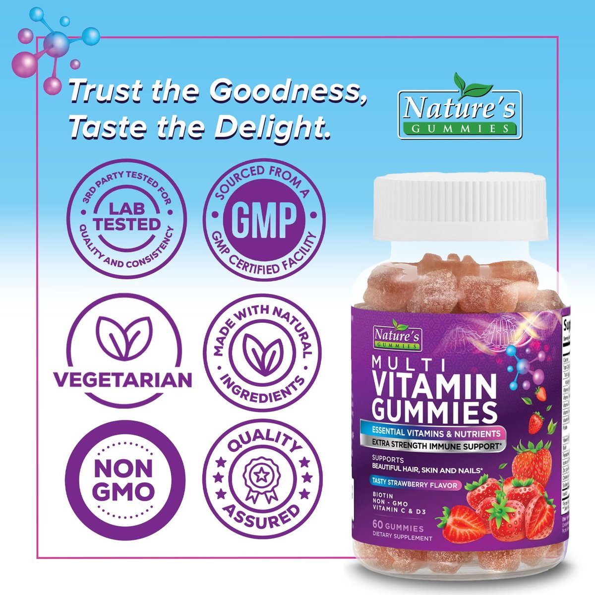 Multivitamin Gummies für Erwachsene - Komplettes Multivitamin Gummy für Frauen & Männer - Essentielle Vitamine & Mineralien mit Vitamin A, C, D, E & hochdosiertem B12 - Vegetarische Multivitamin Gummies - 60 Gummibärchen