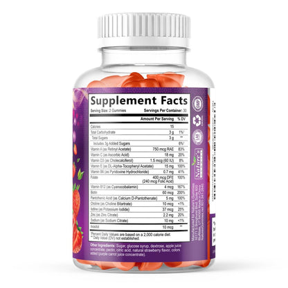Multivitamin Gummies für Erwachsene - Komplettes Multivitamin Gummy für Frauen & Männer - Essentielle Vitamine & Mineralien mit Vitamin A, C, D, E & hochdosiertem B12 - Vegetarische Multivitamin Gummies - 60 Gummibärchen
