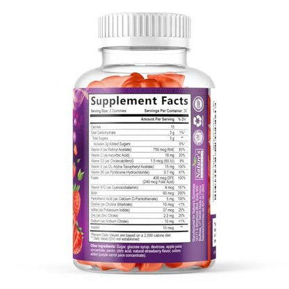 Multivitamin Gummies für Erwachsene - Komplettes Multivitamin Gummy für Frauen & Männer - Essentielle Vitamine & Mineralien mit Vitamin A, C, D, E & hochdosiertem B12 - Vegetarische Multivitamin Gummies - 60 Gummibärchen