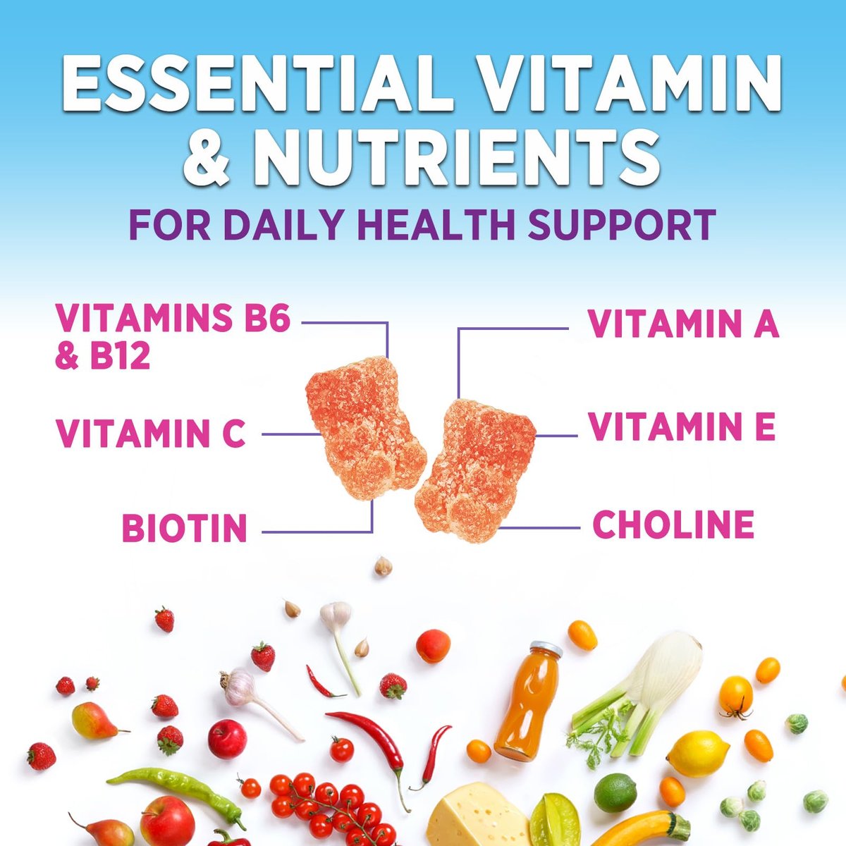 Multivitamin Gummies für Erwachsene - Komplettes Multivitamin Gummy für Frauen & Männer - Essentielle Vitamine & Mineralien mit Vitamin A, C, D, E & hochdosiertem B12 - Vegetarische Multivitamin Gummies - 60 Gummibärchen