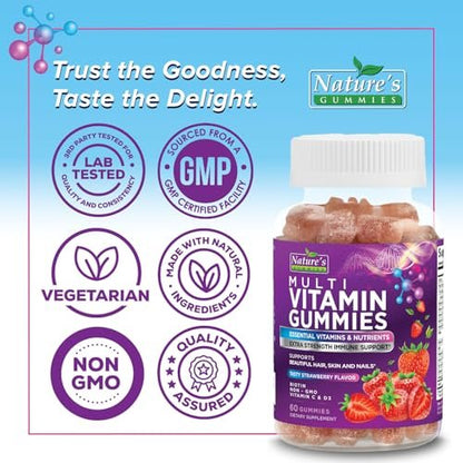 Multivitamin Gummies für Erwachsene - Komplettes Multivitamin Gummy für Frauen & Männer - Essentielle Vitamine & Mineralien mit Vitamin A, C, D, E & hochdosiertem B12 - Vegetarische Multivitamin Gummies - 60 Gummibärchen