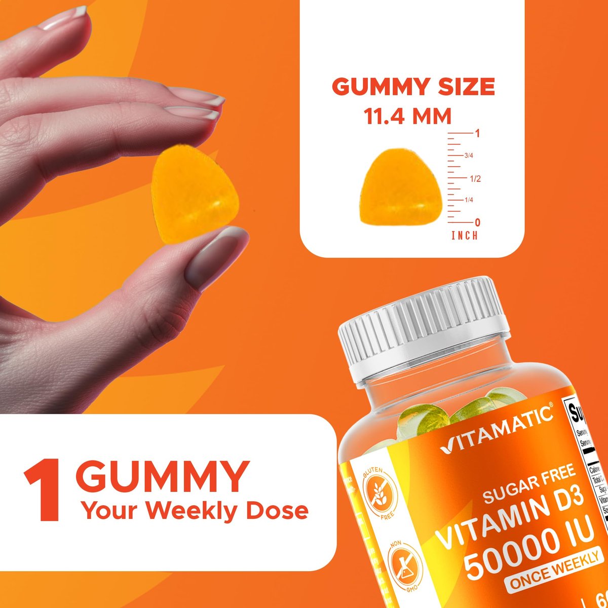 Vitamatic Zuckerfreies Vitamin D3 50.000 IE Wöchentliches Supplement – 60 Pektin-basierte Gummibärchen mit hoher Potenz für Knochen-, Zahn- und Immununterstützung