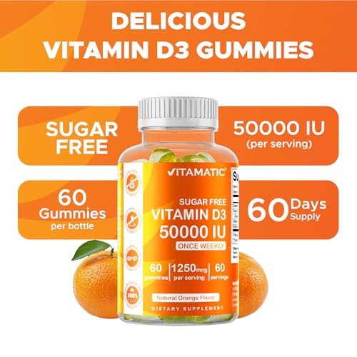 Vitamatic Zuckerfreies Vitamin D3 50.000 IE Wöchentliches Supplement – 60 Pektin-basierte Gummibärchen mit hoher Potenz für Knochen-, Zahn- und Immununterstützung