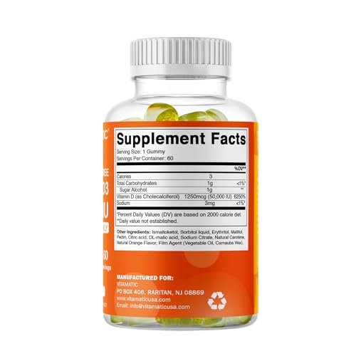 Vitamatic Zuckerfreies Vitamin D3 50.000 IE Wöchentliches Supplement – 60 Pektin-basierte Gummibärchen mit hoher Potenz für Knochen-, Zahn- und Immununterstützung