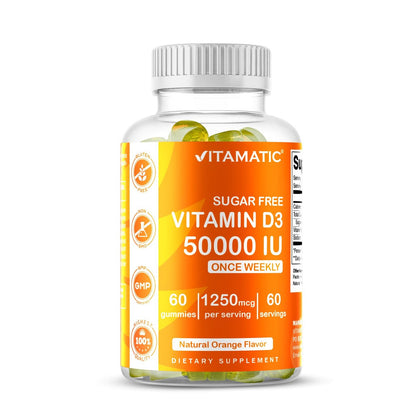 Vitamatic Zuckerfreies Vitamin D3 50.000 IE Wöchentliches Supplement – 60 Pektin-basierte Gummibärchen mit hoher Potenz für Knochen-, Zahn- und Immununterstützung