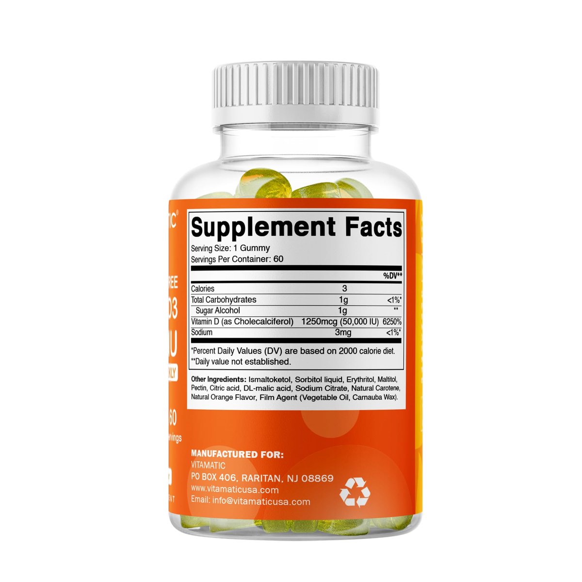 Vitamatic Zuckerfreies Vitamin D3 50.000 IE Wöchentliches Supplement – 60 Pektin-basierte Gummibärchen mit hoher Potenz für Knochen-, Zahn- und Immununterstützung