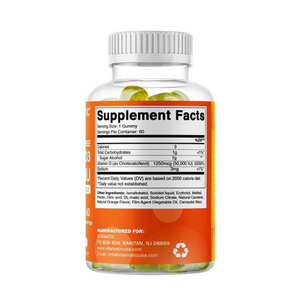 Vitamatic Zuckerfreies Vitamin D3 50.000 IE Wöchentliches Supplement – 60 Pektin-basierte Gummibärchen mit hoher Potenz für Knochen-, Zahn- und Immununterstützung