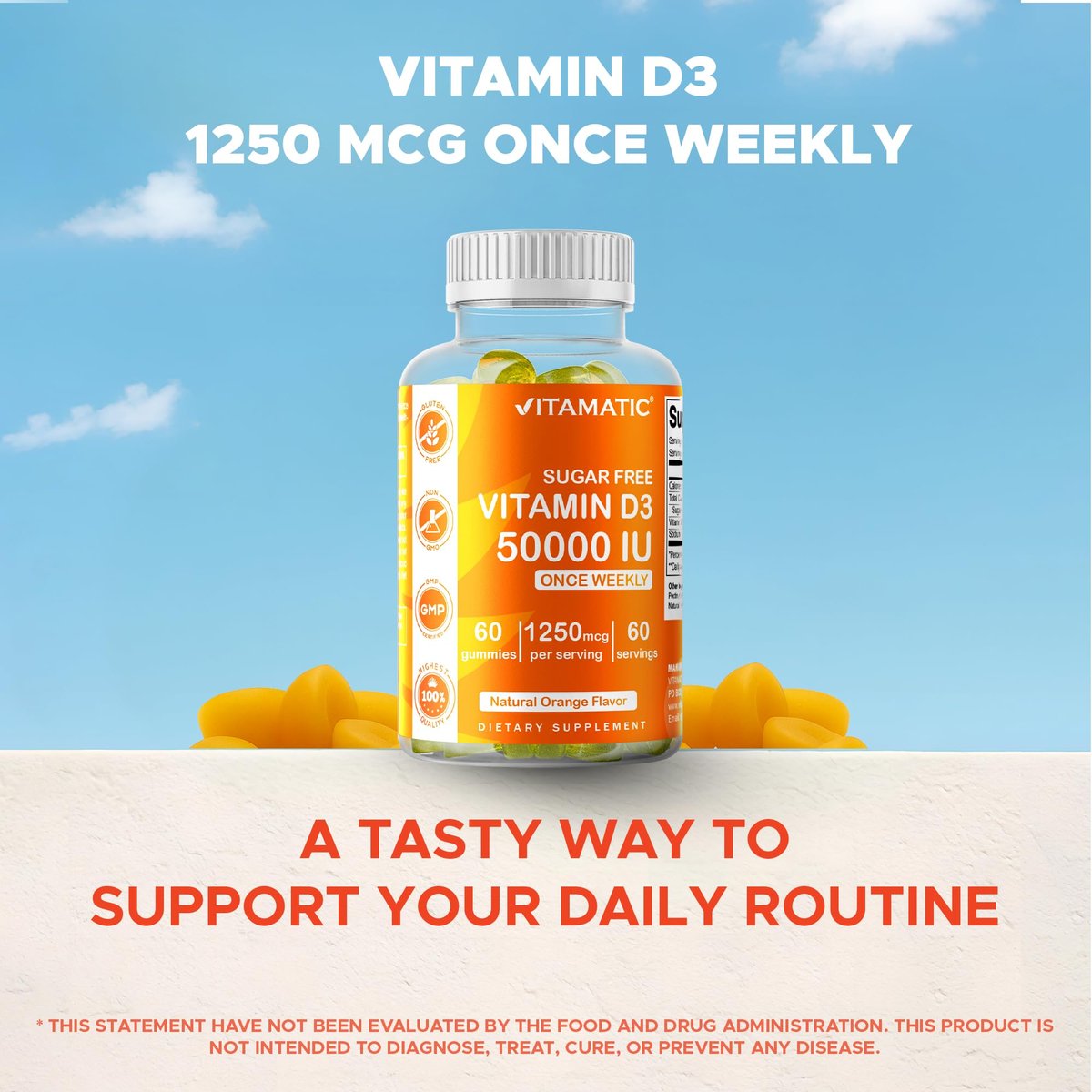 Vitamatic Zuckerfreies Vitamin D3 50.000 IE Wöchentliches Supplement – 60 Pektin-basierte Gummibärchen mit hoher Potenz für Knochen-, Zahn- und Immununterstützung