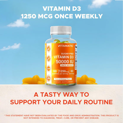 Vitamatic Zuckerfreies Vitamin D3 50.000 IE Wöchentliches Supplement – 60 Pektin-basierte Gummibärchen mit hoher Potenz für Knochen-, Zahn- und Immununterstützung
