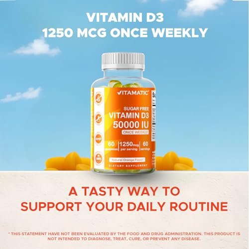 Vitamatic Zuckerfreies Vitamin D3 50.000 IE Wöchentliches Supplement – 60 Pektin-basierte Gummibärchen mit hoher Potenz für Knochen-, Zahn- und Immununterstützung