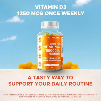 Vitamatic Zuckerfreies Vitamin D3 50.000 IE Wöchentliches Supplement – 60 Pektin-basierte Gummibärchen mit hoher Potenz für Knochen-, Zahn- und Immununterstützung