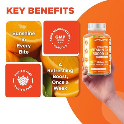 Vitamatic Zuckerfreies Vitamin D3 50.000 IE Wöchentliches Supplement – 60 Pektin-basierte Gummibärchen mit hoher Potenz für Knochen-, Zahn- und Immununterstützung
