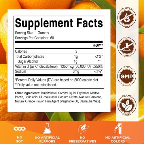 Vitamatic Zuckerfreies Vitamin D3 50.000 IE Wöchentliches Supplement – 60 Pektin-basierte Gummibärchen mit hoher Potenz für Knochen-, Zahn- und Immununterstützung