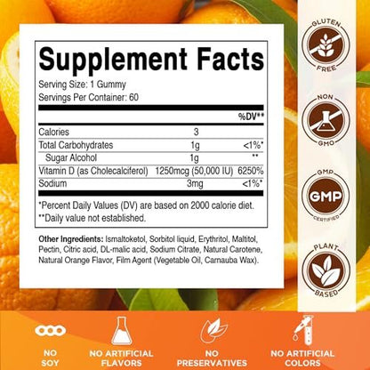 Vitamatic Zuckerfreies Vitamin D3 50.000 IE Wöchentliches Supplement – 60 Pektin-basierte Gummibärchen mit hoher Potenz für Knochen-, Zahn- und Immununterstützung