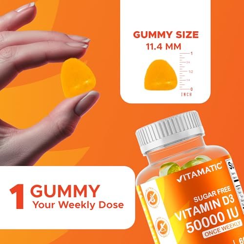 Vitamatic Zuckerfreies Vitamin D3 50.000 IE Wöchentliches Supplement – 60 Pektin-basierte Gummibärchen mit hoher Potenz für Knochen-, Zahn- und Immununterstützung
