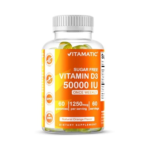 Vitamatic Zuckerfreies Vitamin D3 50.000 IE Wöchentliches Supplement – 60 Pektin-basierte Gummibärchen mit hoher Potenz für Knochen-, Zahn- und Immununterstützung