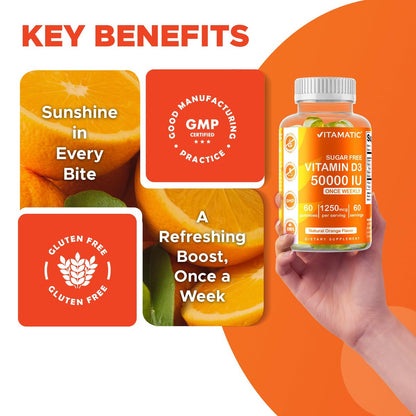 Vitamatic Zuckerfreies Vitamin D3 50.000 IE Wöchentliches Supplement – 60 Pektin-basierte Gummibärchen mit hoher Potenz für Knochen-, Zahn- und Immununterstützung