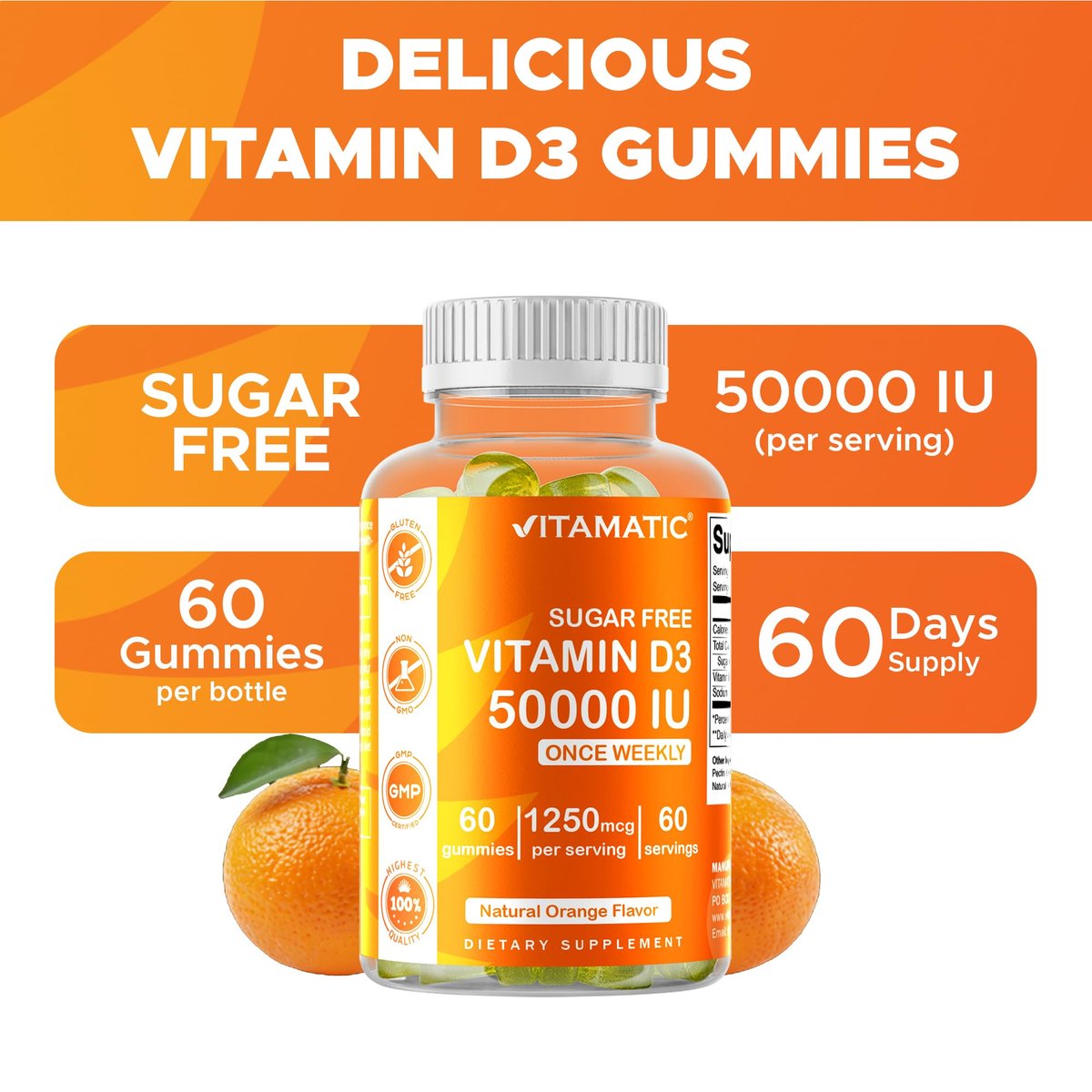 Vitamatic Zuckerfreies Vitamin D3 50.000 IE Wöchentliches Supplement – 60 Pektin-basierte Gummibärchen mit hoher Potenz für Knochen-, Zahn- und Immununterstützung