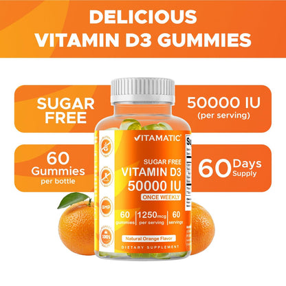 Vitamatic Zuckerfreies Vitamin D3 50.000 IE Wöchentliches Supplement – 60 Pektin-basierte Gummibärchen mit hoher Potenz für Knochen-, Zahn- und Immununterstützung