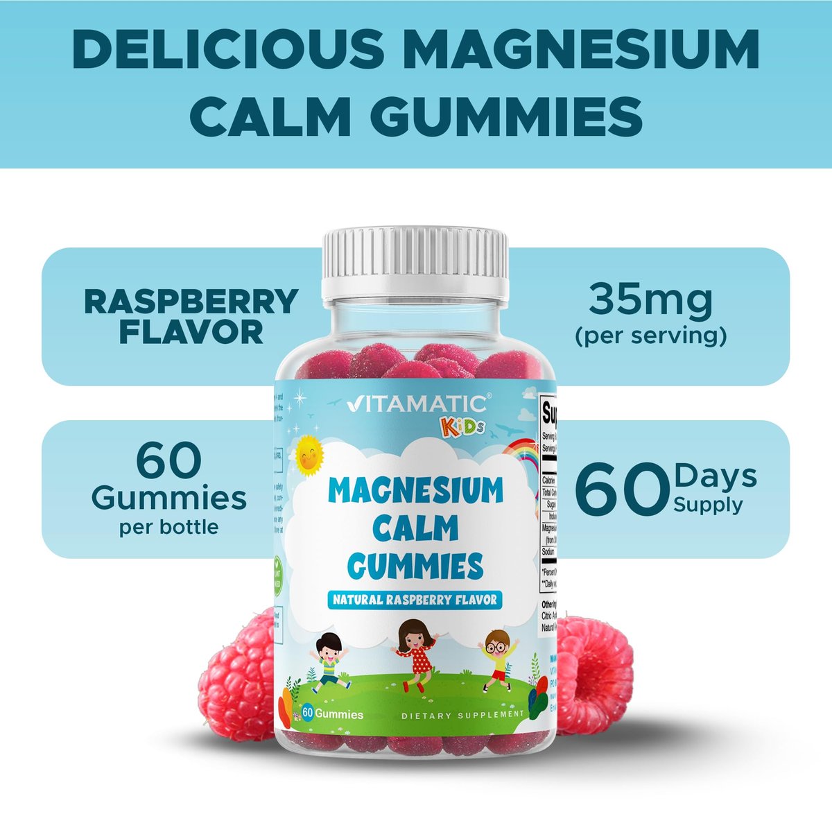 Vitamatic Kinder Magnesium Gummis – 60 vegane Stücke – Förderung von Muskeln, Knochen und Energie