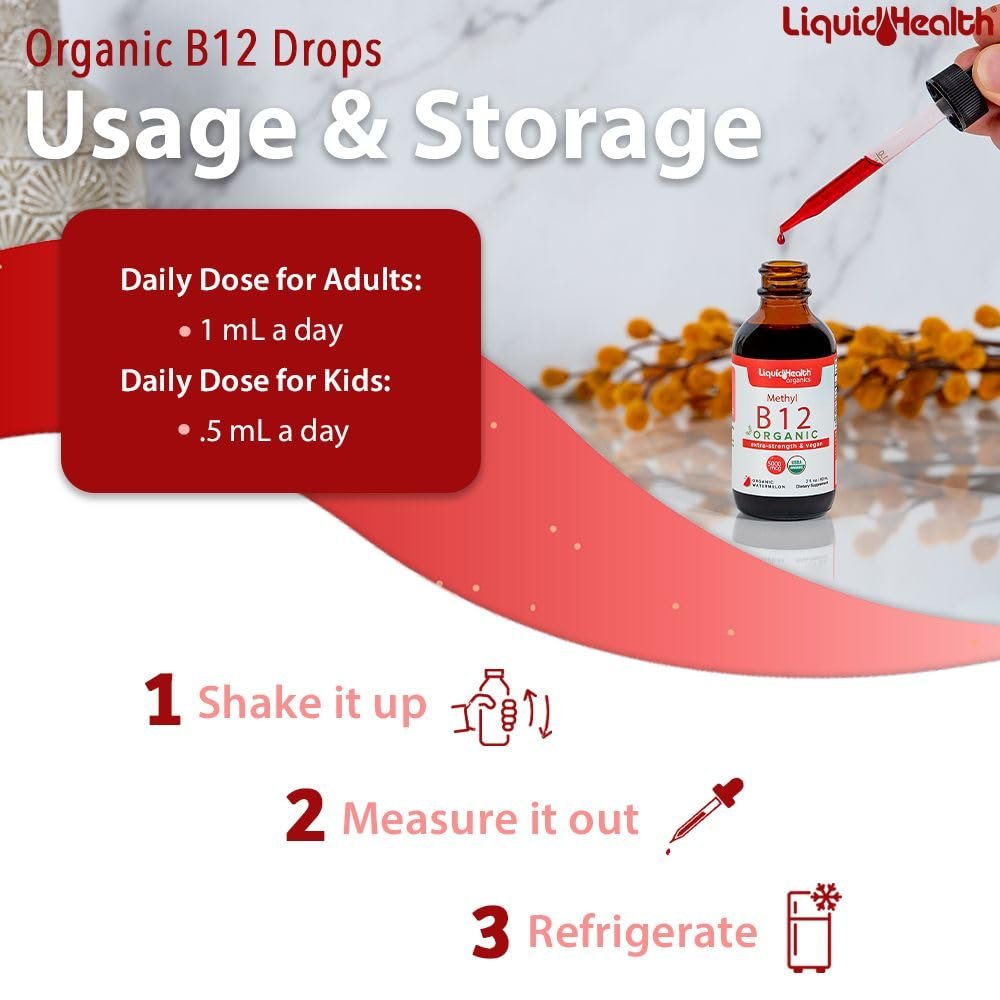 LIQUIDHEALTH USDA Bio-Methyl-Vitamin B12 Methylcobalamin flüssige Tropfen mit Sauerkirschsaft – Energie, Immunsystem, Gedächtnis & Konzentration – vegan, Non-GMO, 59 ml