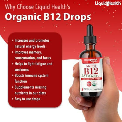 LIQUIDHEALTH USDA Bio-Methyl-Vitamin B12 Methylcobalamin flüssige Tropfen mit Sauerkirschsaft – Energie, Immunsystem, Gedächtnis & Konzentration – vegan, Non-GMO, 59 ml