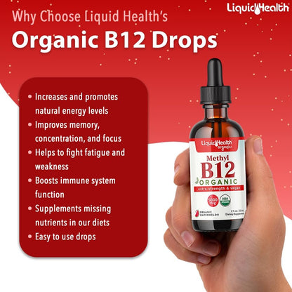 LIQUIDHEALTH USDA Bio-Methyl-Vitamin B12 Methylcobalamin flüssige Tropfen mit Sauerkirschsaft – Energie, Immunsystem, Gedächtnis & Konzentration – vegan, Non-GMO, 59 ml
