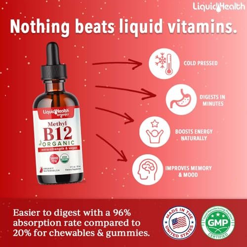 LIQUIDHEALTH USDA Bio-Methyl-Vitamin B12 Methylcobalamin flüssige Tropfen mit Sauerkirschsaft – Energie, Immunsystem, Gedächtnis & Konzentration – vegan, Non-GMO, 59 ml