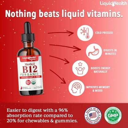 LIQUIDHEALTH USDA Bio-Methyl-Vitamin B12 Methylcobalamin flüssige Tropfen mit Sauerkirschsaft – Energie, Immunsystem, Gedächtnis & Konzentration – vegan, Non-GMO, 59 ml