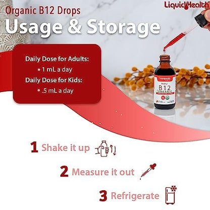 LIQUIDHEALTH USDA Bio-Methyl-Vitamin B12 Methylcobalamin flüssige Tropfen mit Sauerkirschsaft – Energie, Immunsystem, Gedächtnis & Konzentration – vegan, Non-GMO, 59 ml