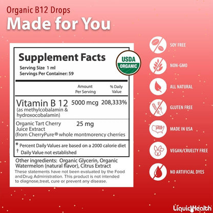 LIQUIDHEALTH USDA Bio-Methyl-Vitamin B12 Methylcobalamin flüssige Tropfen mit Sauerkirschsaft – Energie, Immunsystem, Gedächtnis & Konzentration – vegan, Non-GMO, 59 ml