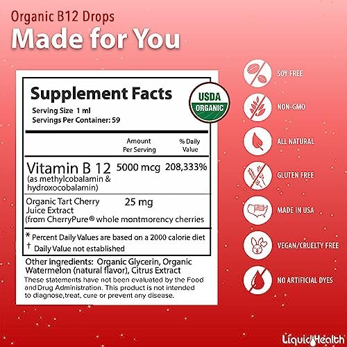LIQUIDHEALTH USDA Bio-Methyl-Vitamin B12 Methylcobalamin flüssige Tropfen mit Sauerkirschsaft – Energie, Immunsystem, Gedächtnis & Konzentration – vegan, Non-GMO, 59 ml