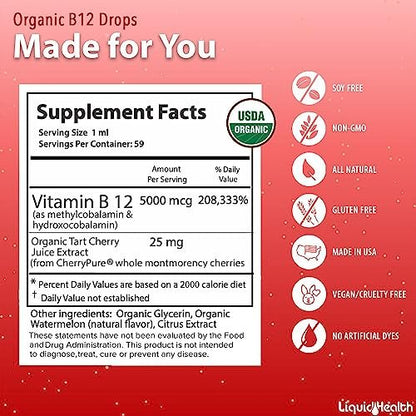 LIQUIDHEALTH USDA Bio-Methyl-Vitamin B12 Methylcobalamin flüssige Tropfen mit Sauerkirschsaft – Energie, Immunsystem, Gedächtnis & Konzentration – vegan, Non-GMO, 59 ml