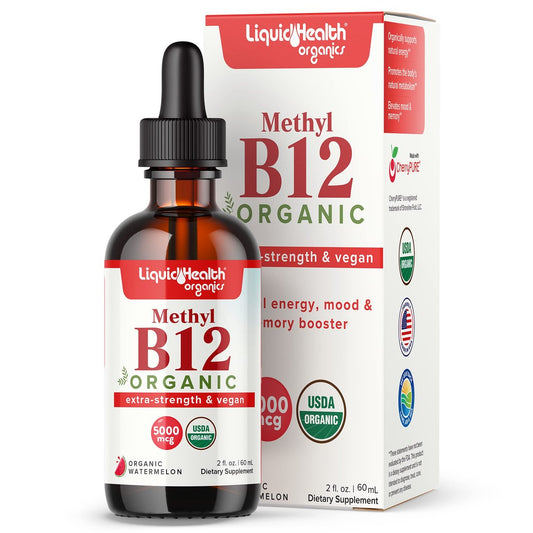 LIQUIDHEALTH USDA Bio-Methyl-Vitamin B12 Methylcobalamin flüssige Tropfen mit Sauerkirschsaft – Energie, Immunsystem, Gedächtnis & Konzentration – vegan, Non-GMO, 59 ml