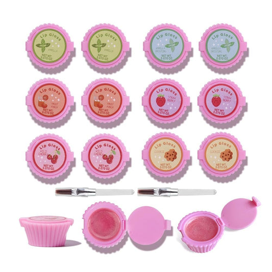 12er Set Cupcake-Lippenglanz für Mädchen, Partygeschenke, Lipgloss-Set mit fruchtigen Aromen, niedliche Cupcake-Designs, Geburtstagsgeschenk