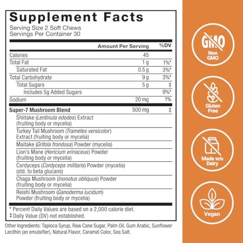 Force Factor Modern Mushrooms Soft Chews – Pilzergänzung mit Löwenmähne, Truthahnschwanz & Cordyceps für Energie, Fokus, Immunität & Verdauung – Zimtschnecken-Geschmack, 60 Soft Chews