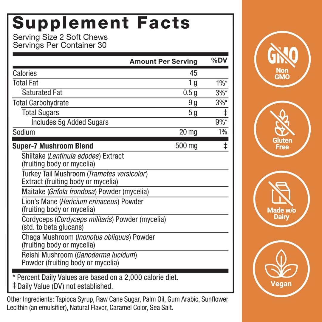 Force Factor Modern Mushrooms Soft Chews – Pilzergänzung mit Löwenmähne, Truthahnschwanz & Cordyceps für Energie, Fokus, Immunität & Verdauung – Zimtschnecken-Geschmack, 60 Soft Chews