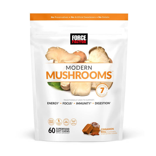 Force Factor Modern Mushrooms Soft Chews – Pilzergänzung mit Löwenmähne, Truthahnschwanz & Cordyceps für Energie, Fokus, Immunität & Verdauung – Zimtschnecken-Geschmack, 60 Soft Chews