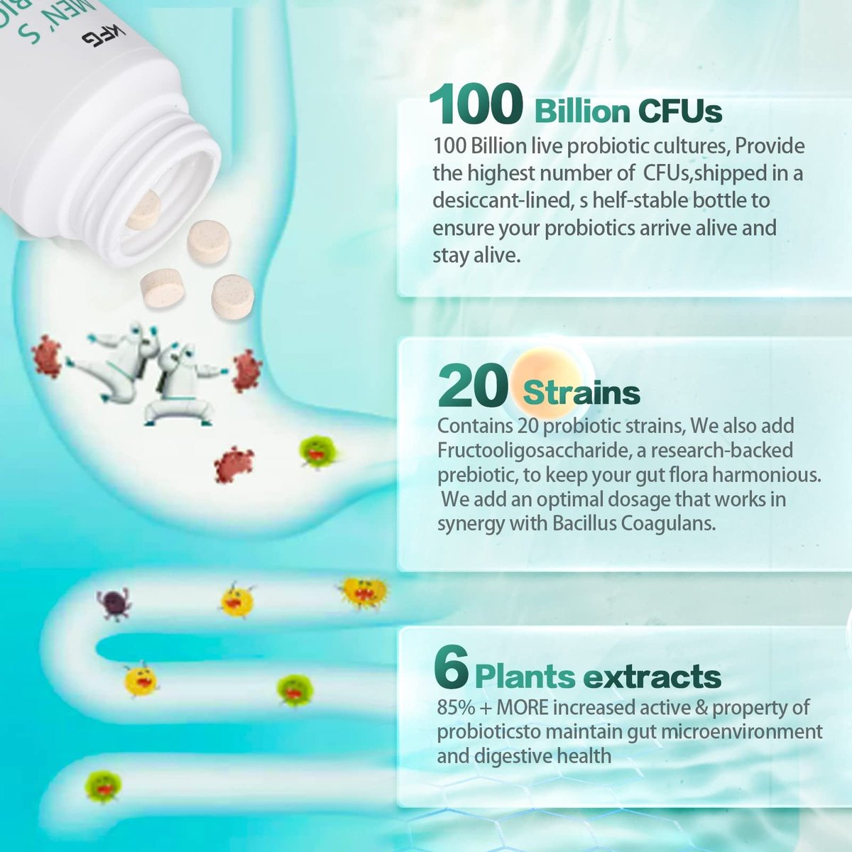 KFG Probiotikum 100 Milliarden KBE, 20 Stämme, 2 Präbiotika und Verdauungsenzyme, Unterstützt Verdauung, Immunsystem, Darmgesundheit und Stoffwechsel, Non-GMO, Gluten- & Sojafrei, 100 Tabletten