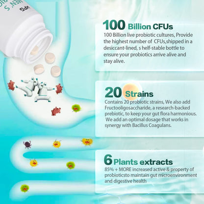 KFG Probiotikum 100 Milliarden KBE, 20 Stämme, 2 Präbiotika und Verdauungsenzyme, Unterstützt Verdauung, Immunsystem, Darmgesundheit und Stoffwechsel, Non-GMO, Gluten- & Sojafrei, 100 Tabletten