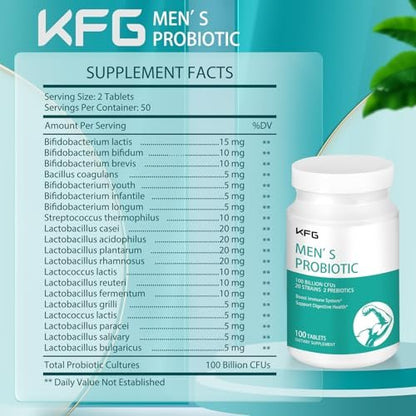 KFG Probiotikum 100 Milliarden KBE, 20 Stämme, 2 Präbiotika und Verdauungsenzyme, Unterstützt Verdauung, Immunsystem, Darmgesundheit und Stoffwechsel, Non-GMO, Gluten- & Sojafrei, 100 Tabletten